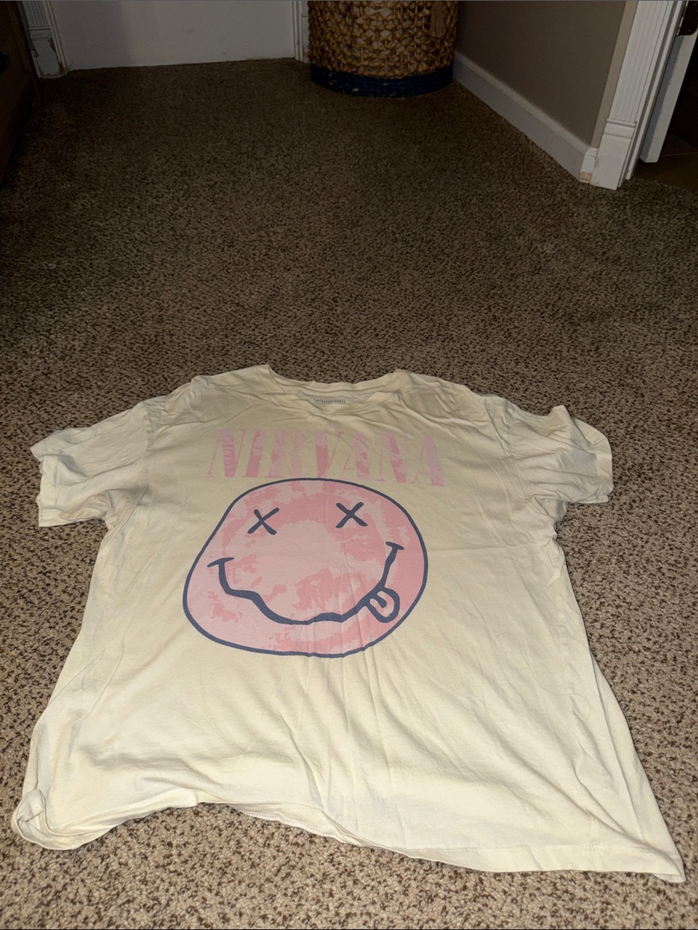 NIRVANA Pale Yellow Tee with Pink Smiley Graphic